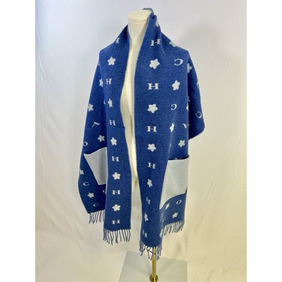 Coach Logo Blue Oversized Muffler Wool W.Pocket Shawl 80 inches - Picture 1 of 11